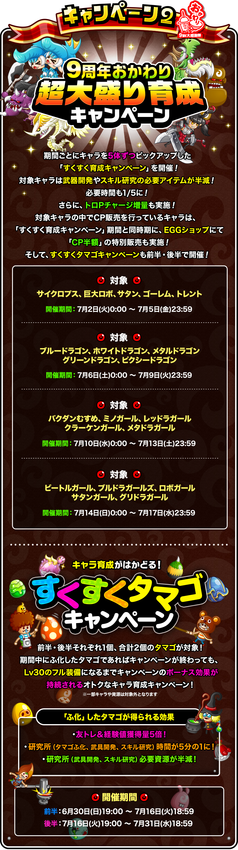 キャンペーン2「９周年おかわり超大盛り育成キャンペーン」「すくすくタマゴキャンペーン」